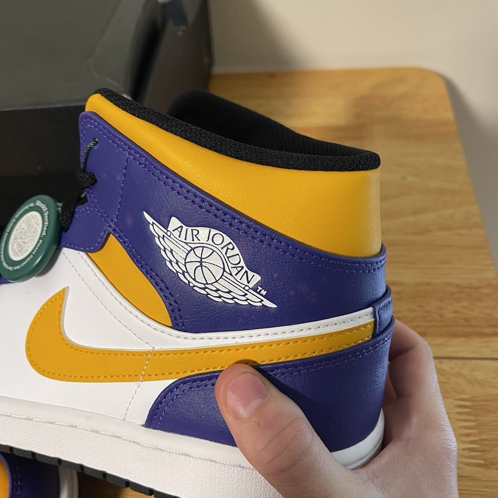 Nike  Mens Air Jordan 1 Mid Shoes Purple White Yellow  Lakers DQ8426-517 - Picture 2 of 6
